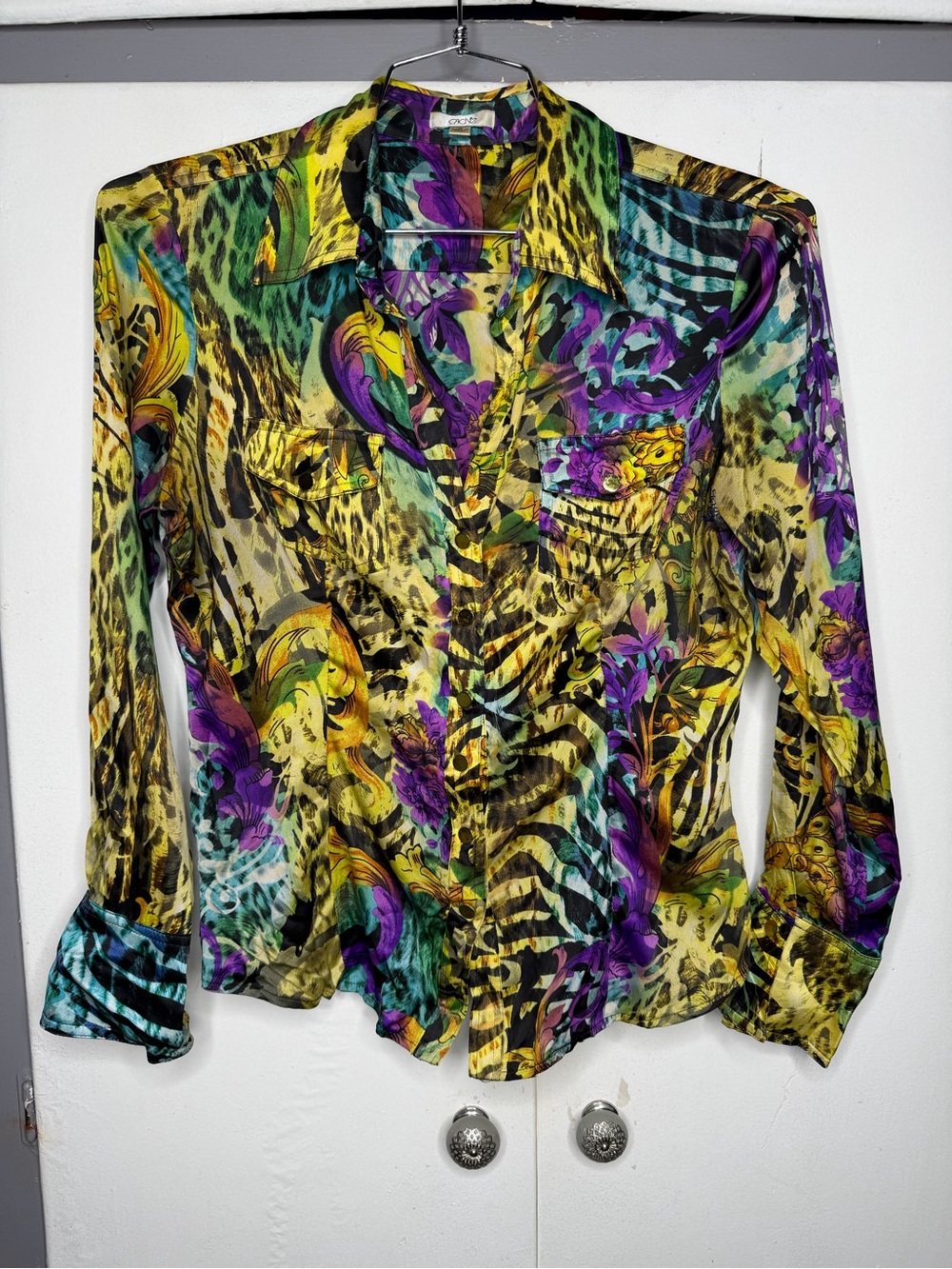 Cache Women Multicolor Animal Print Zebra Long-Sleeve 100 silk Blouse y2k Medium